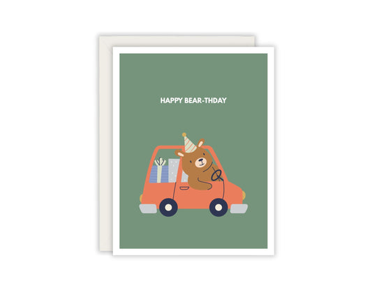 Happy Bear-thday Birthday Card - Kid & Toddler Birthday Card - Teddy Bear Birthday Card - Birthday Party Card - Car Birthday Party Card