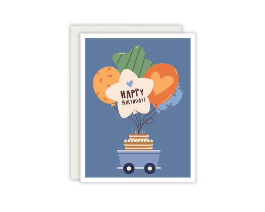 Cake and Balloons Birthday card - Kid & Toddler Birthday Card - Toy Cart Birthday Card - Birthday Party Card
