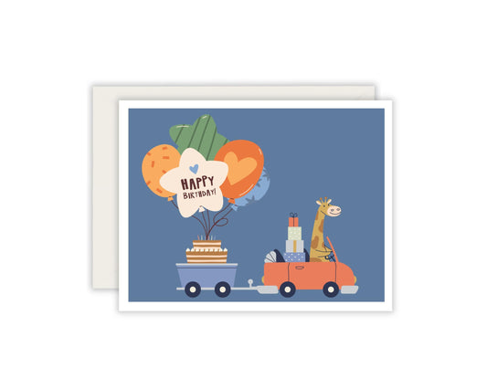Happy Birthday Giraffe Birthday Card - Kid & Toddler Birthday Card - Driving Birthday Card - Birthday Balloons Card