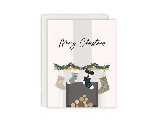 Merry Christmas Stocking And Mantle Christmas Card - Cozy Christmas Card