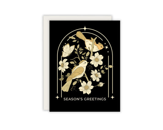 Season's Greetings Floral Bird Christmas Card - Nature Lover Christmas Card - Festive Bird Card – Christmas Postage Stamp Card - Elegant